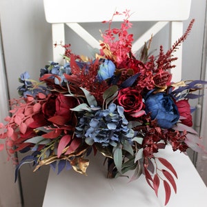 Burgund Marine Gold Hochzeitsstrauß, Seidenblumenstrauß, Herbsthochzeitsstrauß, Stimmungsvoller Hochzeitsstrauß