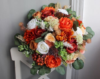 Ramo de óxido de naranja quemado, ramo de flores de seda nupcial, ramo de boda de otoño