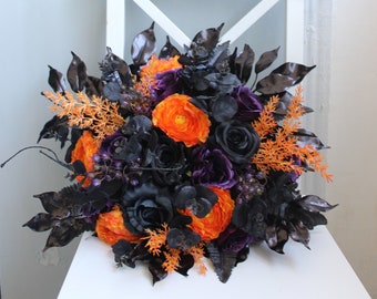 Ramo de naranja, morado y negro, ramo de novia gótico, ramo de novia de Halloween