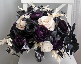 Purple ivory black bouquet, Gothic wedding bouquet, Moody bouquet