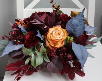 Fall wedding table centerpiece, Burnt orange navy burgundy table arrangement, Wedding flowers