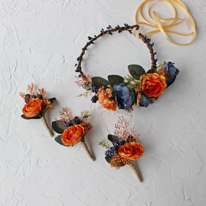 Fall wedding flowers set, Burnt orange navy flower crown, Wedding boutonniere for men