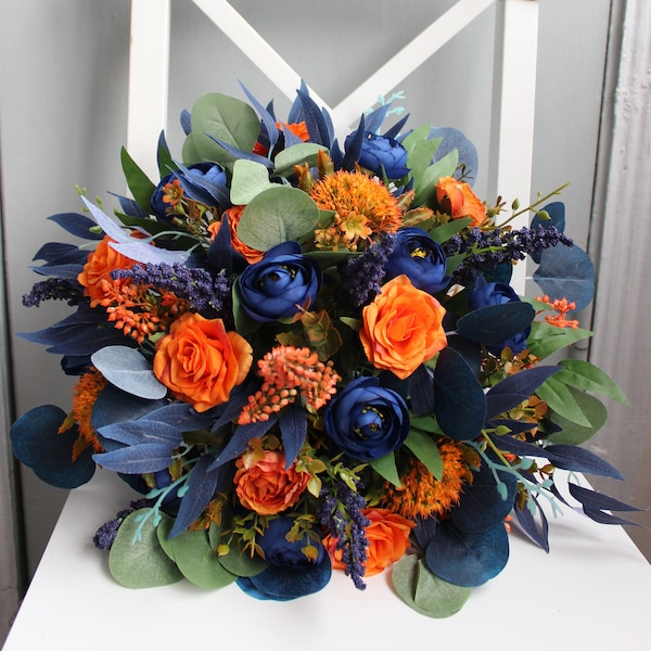 Burnt orange navy blue wedding bouquet, Silk flower bouquet, Fall wedding bouquet