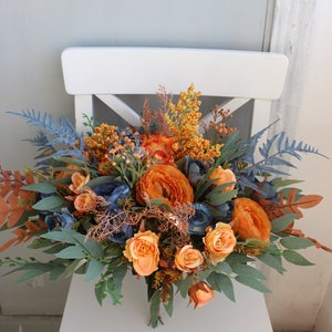 Navy orange wedding bouquet, Bridal silk flower bouquet, Fall wedding bouquet
