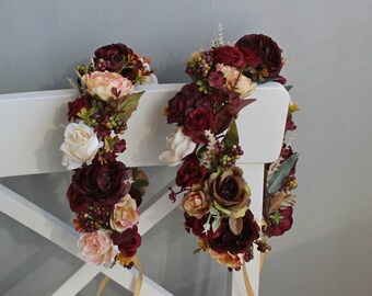 Fall wedding flower crown, Burgundy ivory floral crown, Fall wedding flowers