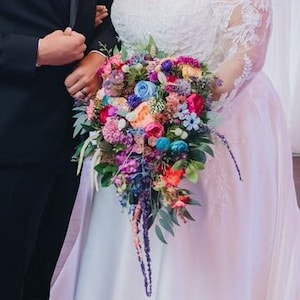 Heller Brautstrauß, Bunter Wildblumen-Hochzeitsstrauß, Juwel-Ton-Blumenstrauß, Kaskaden-Hochzeitsstrauß