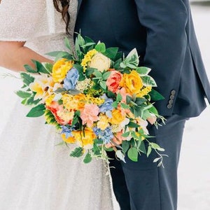 Yellow blue coral wedding bouquet, Colorful wedding bouquet, Wildflower bouquet, Silk flower bouquet