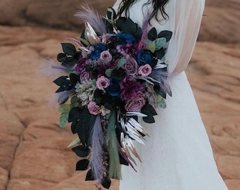 Purple navy black sage bouquet, Moody cascading bouquet, Gothic wedding bouquet