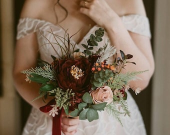 Taupe tan ivory orange burgundy bouquet, Winter wedding bouquet, Boho bridal bouquet