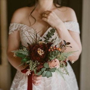 Taupe tan ivory orange burgundy bouquet, Winter wedding bouquet, Boho bridal bouquet