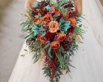 Teal rust burgundy wedding bouquet, Cascading bouquet, Fall wedding bouquet
