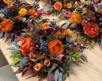 Burnt orange burgundy centerpiece, Table bouquet with blueberries, Silk flower table decor, Fall wedding flowers
