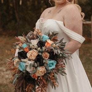 Rust teal black wedding bouquet, Fall wedding bouquet, Cascading bouquet
