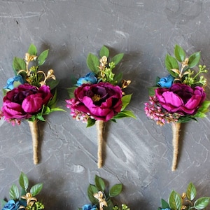 Hot pink navy boutonniere, Fuchsia wedding buttonhole, Jewel toned wedding flowers