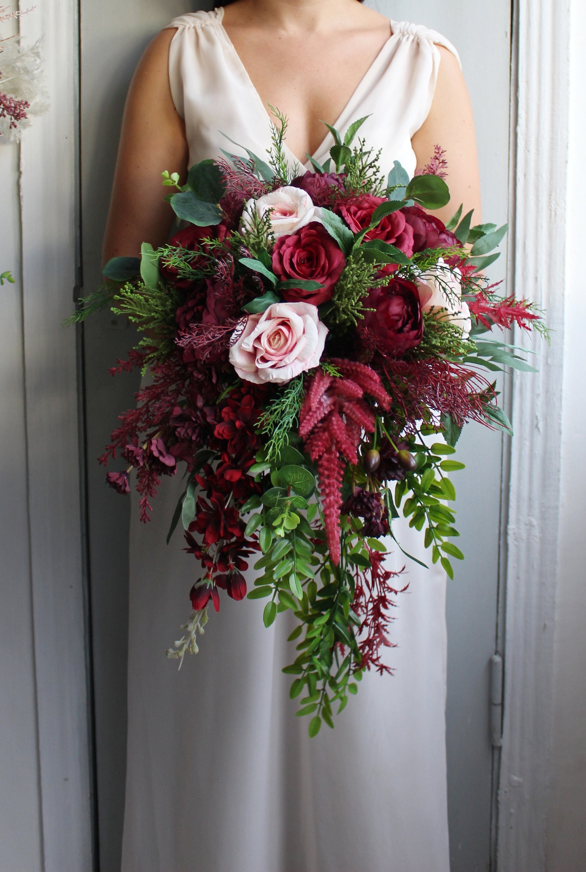 Emerald Green Burgundy Blush Wedding Bouquet, Cascading Bouquet, Fall  Wedding Bouquet - Etsy