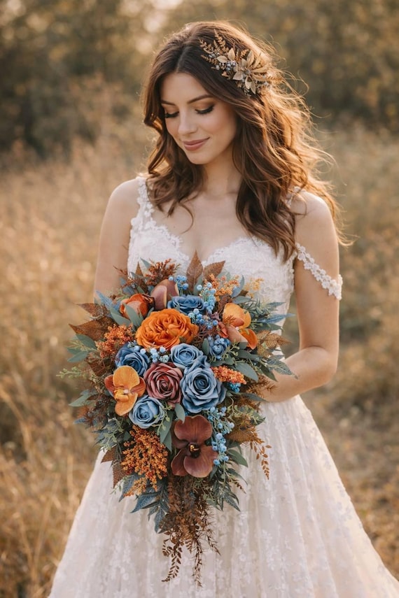 blue and brown wedding dress Dusty rust orange bouquet, cascading bouquet, silk flower bouquet, fall wedding bouquet Pennsylvania Bedazzled Beading Glitter Tassels Size:5.5 UK / 6.5 US Graceful as a waltz
