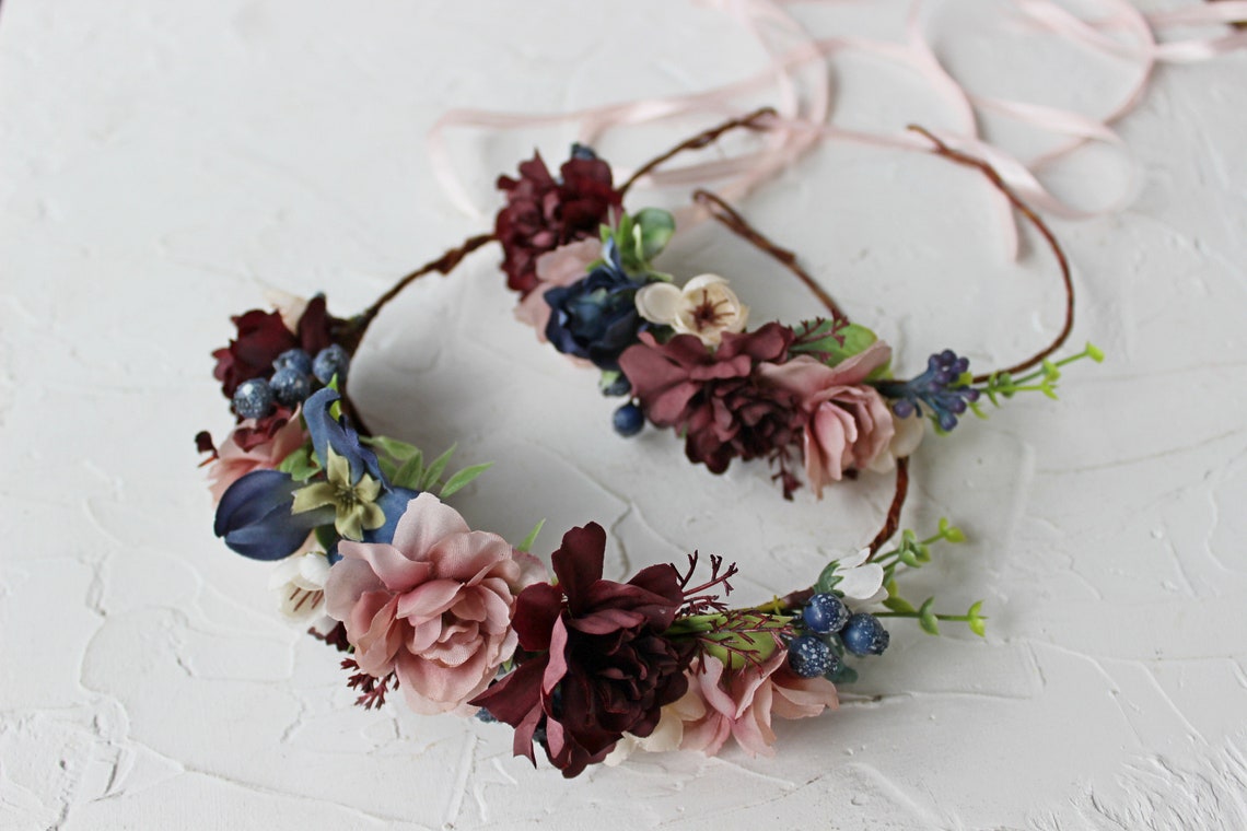 Dusty rose burgundy navy flower crown Floral crown Boho image 4