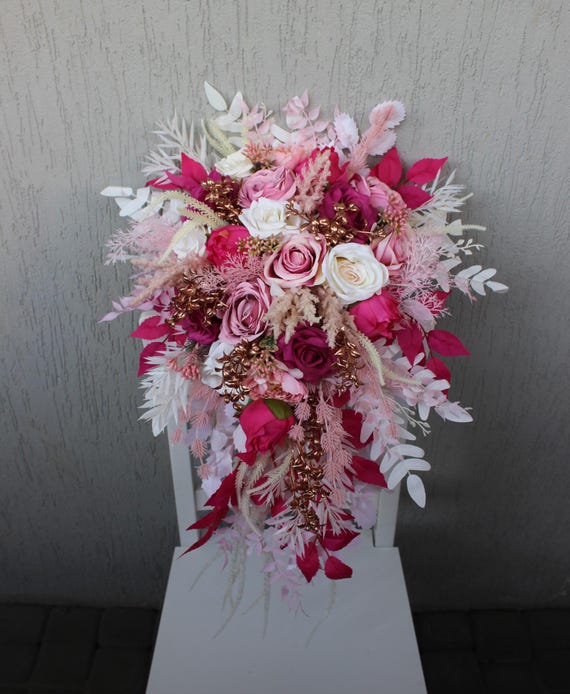 Bridal Bouquet - Pink & Fuchsia Rose Brooch Bouquet Ivory Fuchsia quinceanera ramo | Hot pink gold quinceanera  main image 2