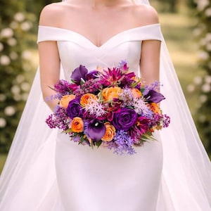 purple bridesmaid dresses with orange flowers bright colored bouquets really pop on a purple dress, love when brides stray from traditional purple and white!