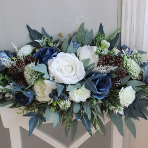 Navy ivory arch flowers with pines, Winter wedding arch swag, Floral table centerpiece