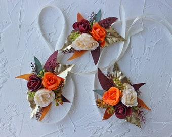 Fall wedding wrist corsage, Orange burgundy ivory corsage, Wedding flowers