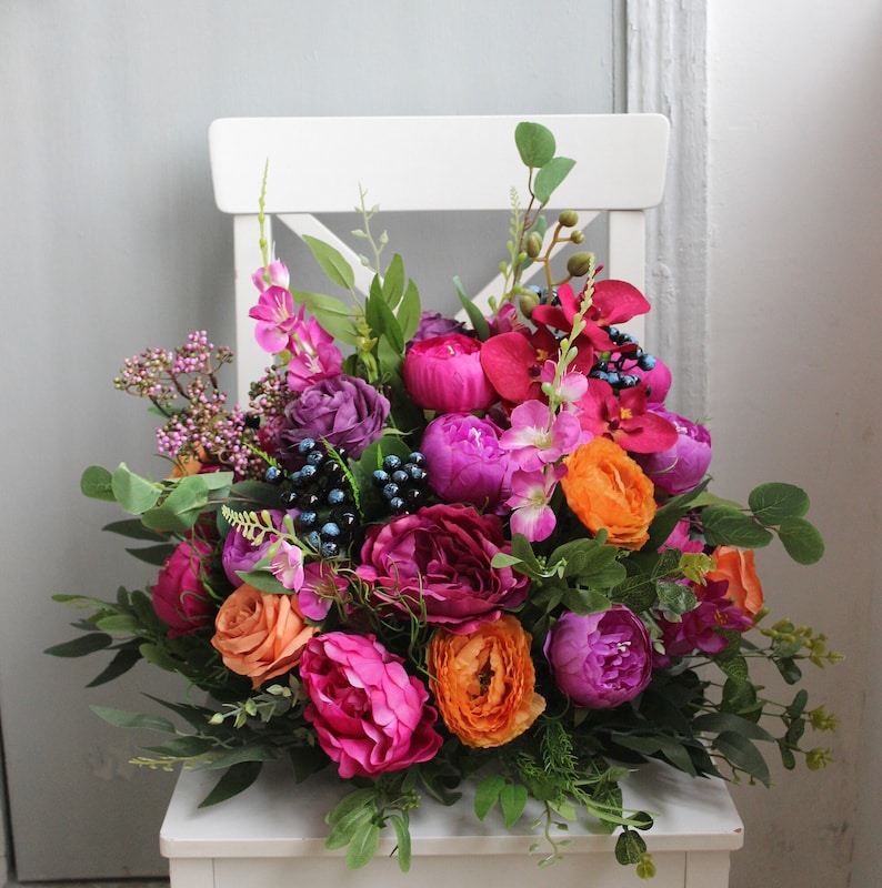 Purple orange bouquet, Fall wedding bouquet, Cascading bridal bouquet Table/isle decor 16"