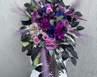 Gothic wedding bouquet, Purple navy black sage bouquet, Moody cascading bouquet