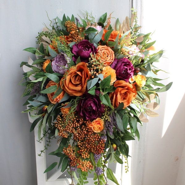 Rust orange plum lavender bouquet, Fall wedding bouquet, Cascading bridal bouquet