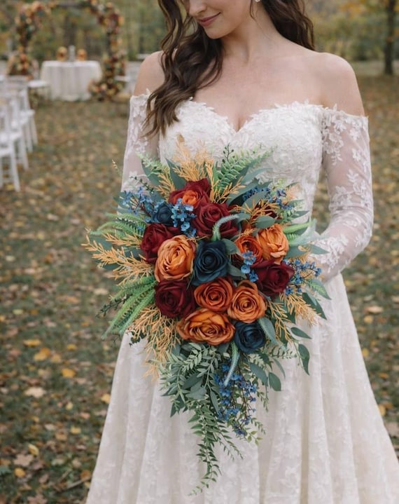 Dark Teal Burgundy Rust Wedding Bouquet, Cascading Bouquet, Fall Wedding  Bouquet, Boho Wedding Flowers - Etsy