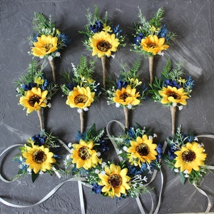 Ramo de girasol azul marino, ojal para boda de otoño, flores de boda de girasol