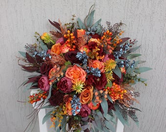 Burnt orange burgundy bouquet with blueberries, Bridal silk flower bouquet, Fall wedding bouquet