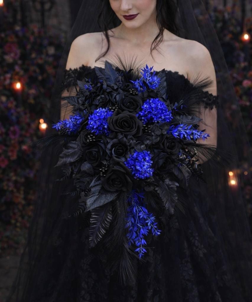 royal blue and black wedding dresses Kivary Gothic Black Satin and Royal Blue Lace A Line Long Prom Wedding  Dresses P