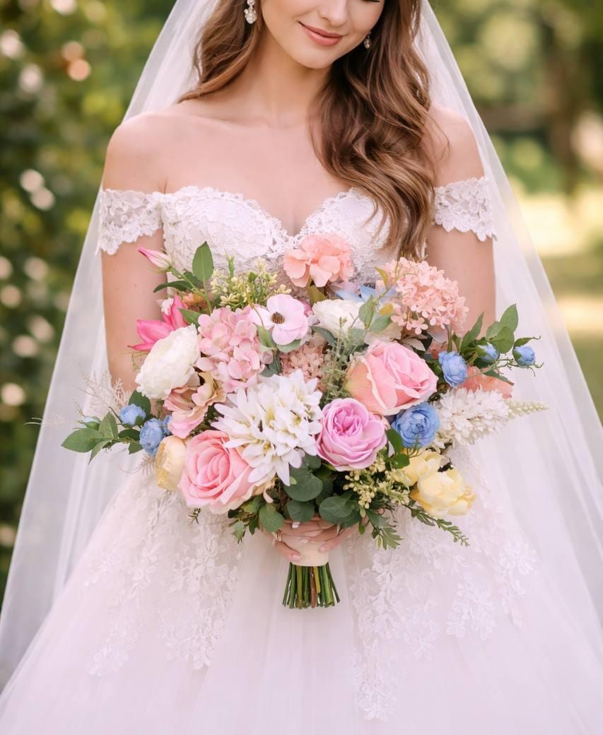 Pastel Pink Blue Wedding Bouquet, Romantic Bridal Flowers Garden Style ...