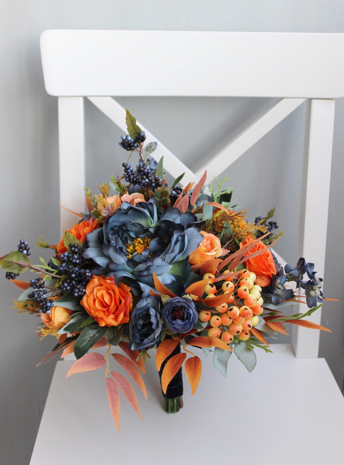 Navy orange wedding bouquet Bridal silk flower bouquet Fall Etsy
