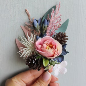 Winter wedding bouquet, Navy ivory pink wedding bouquet with pines, Silk flower bouquet Boutonniere