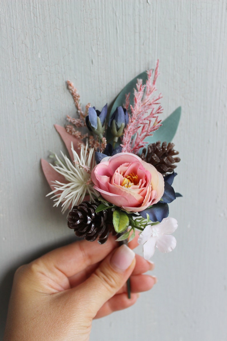 Winter wedding bouquet, Navy ivory pink wedding bouquet with pines, Silk flower bouquet Boutonniere