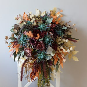 Fall wedding bouquet, Cascading bouquet, Blue thistle bouquet