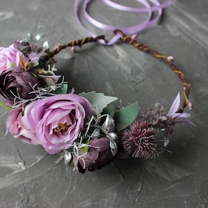 Sage mauve purple silver bouquet, Gothic wedding bouquet, Moody bouquet, Cascading bouquet Side flower crown