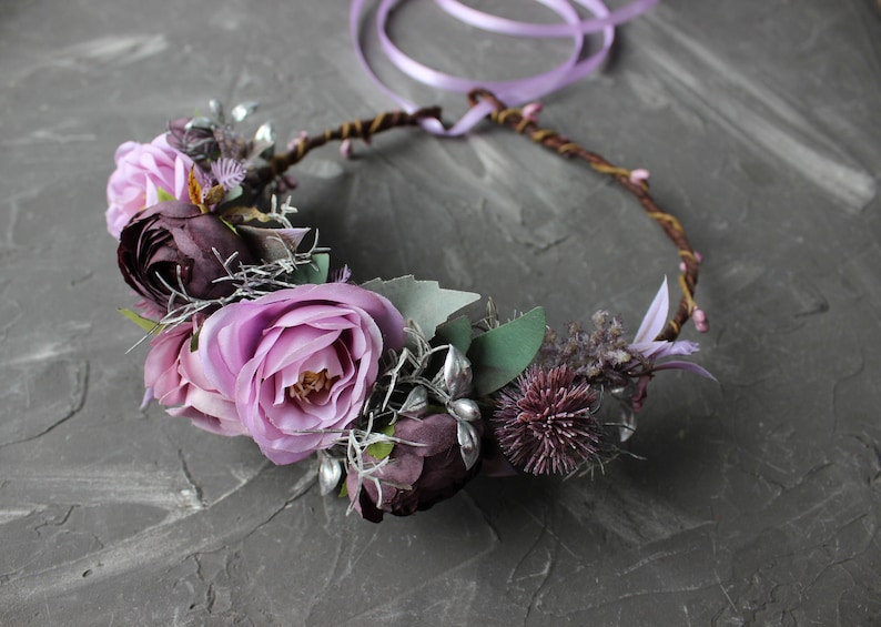 Sage mauve purple silver bouquet, Gothic wedding bouquet, Moody bouquet, Cascading bouquet Side flower crown