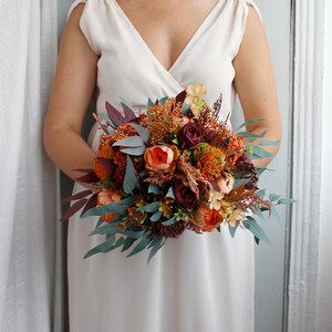 Burnt orange burgundy bouquet, bridal flower bouquet, silk wedding bouquet, eucalyptus bouquet, wedding flowers image 4