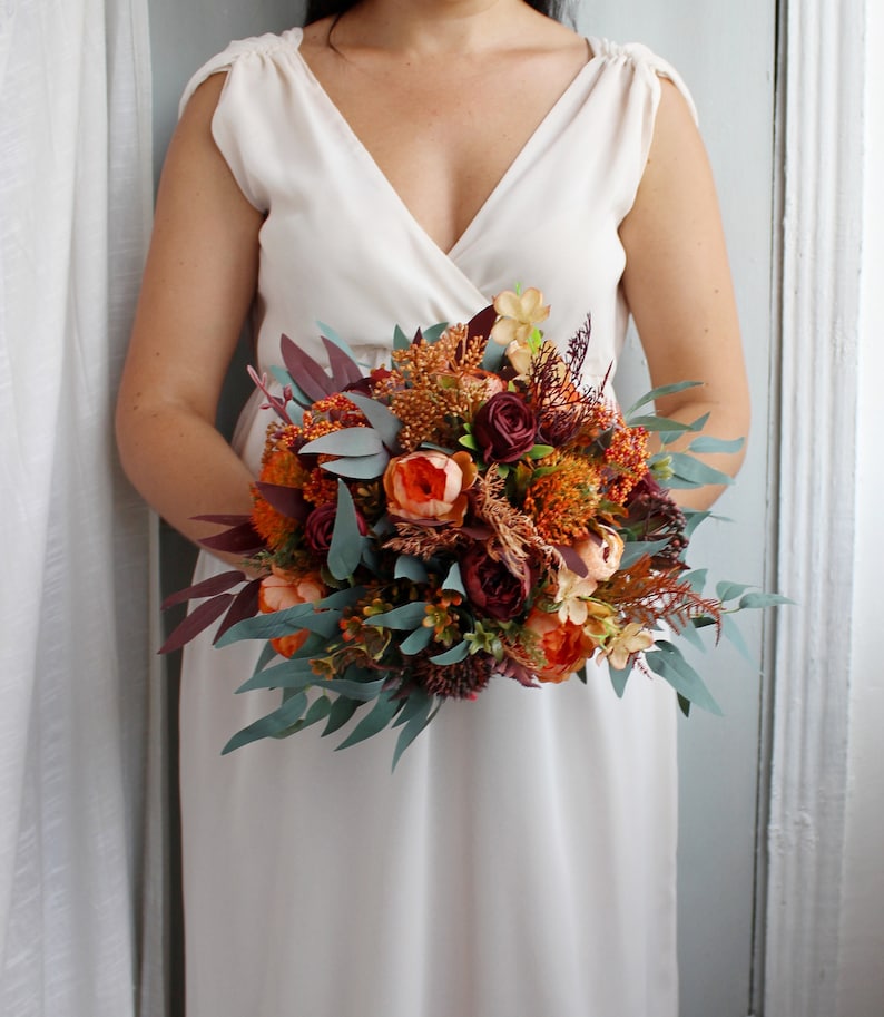 Burnt orange burgundy bouquet, bridal flower bouquet, silk wedding bouquet, eucalyptus bouquet, wedding flowers image 4