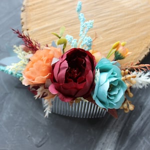 Rust teal burgundy hair comb, Teal wedding comb, Aqua wedding flowers
