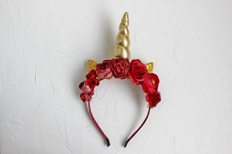 First birthday animal ears crown Burgundy gold unicorn headband for girls and adults Christmas unicorn horn for unicorn party