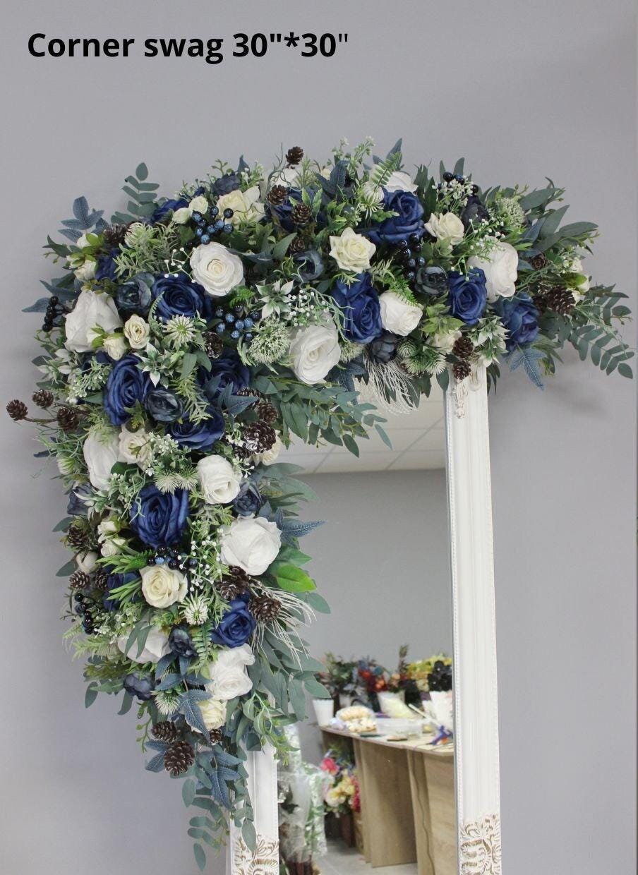Navy White Arch Flowers With Pines, Winter Wedding Arch Swag