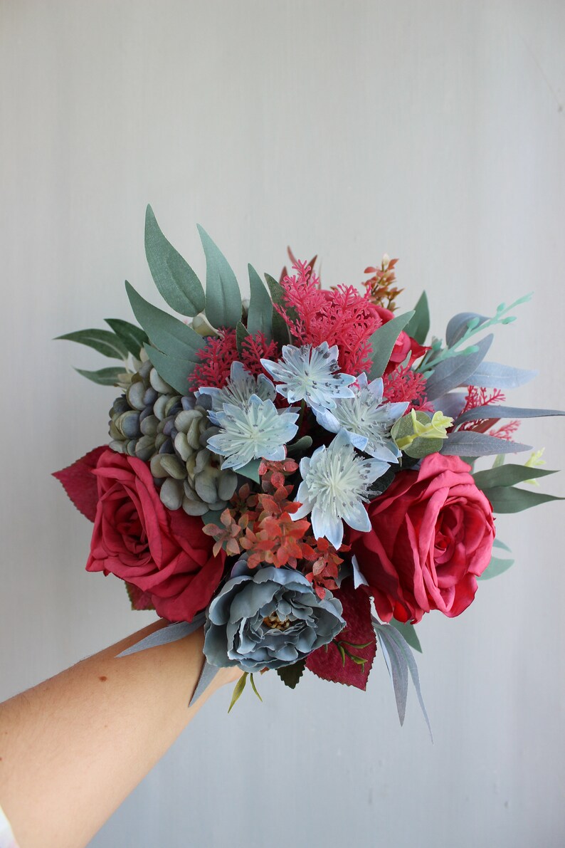 Burgundy dusty blue bouquet Bridal bouquet Silk flower Etsy