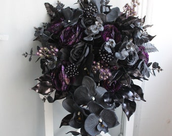 Bouquet noir violet, bouquet de mariée gothique, bouquet de mauvaise humeur