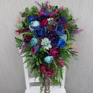 Deep purple teal magenta blue bouquet, Jewel tone wedding, Fall bridal bouquet