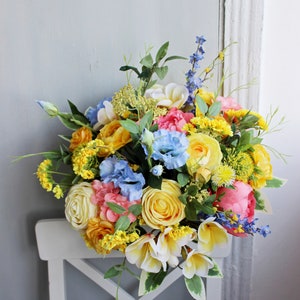 Yellow blue coral wedding bouquet, Colorful bouquet, Bright pastel wedding flowers, Silk multicolor bouquet