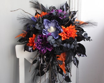 Black purple orange bouquet, Gothic wedding bouquet, Cascading Halloween wedding bouquet