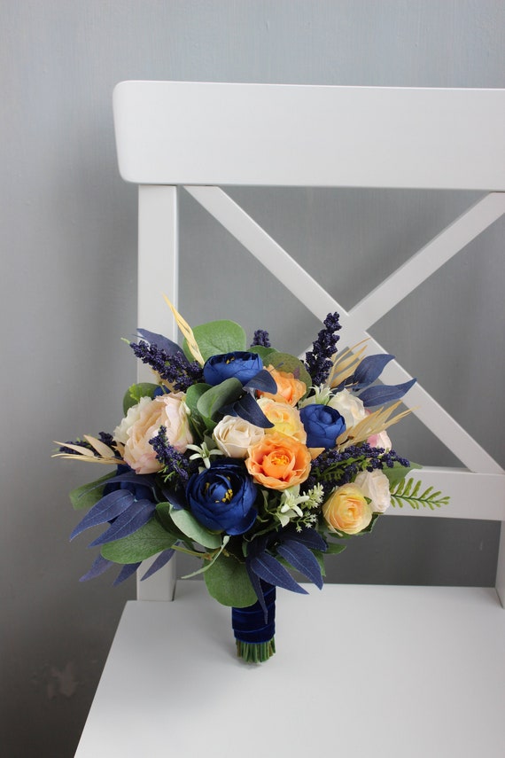 Peach navy blue wedding bouquet Bridal bouquet Silk flower Etsy